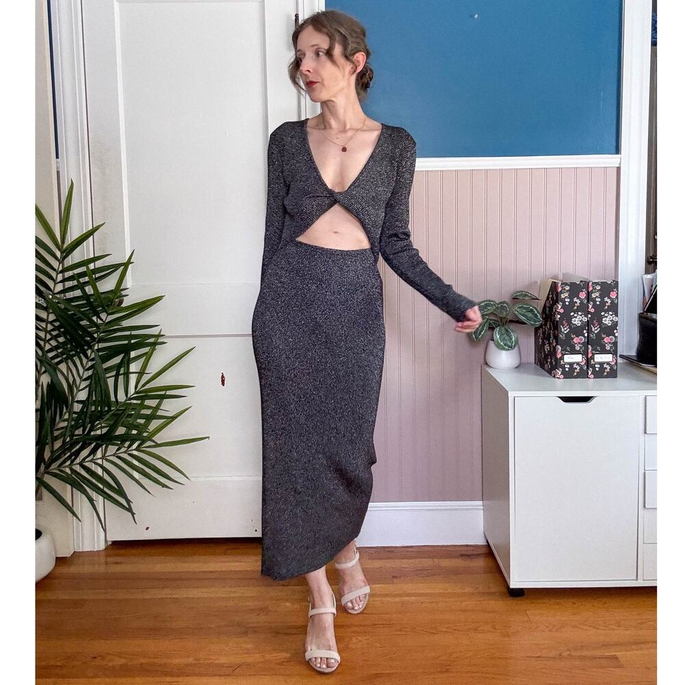 HOUSE OF HARLOW 1960 twist front metallic bodycon midi dress silver cutout 3167